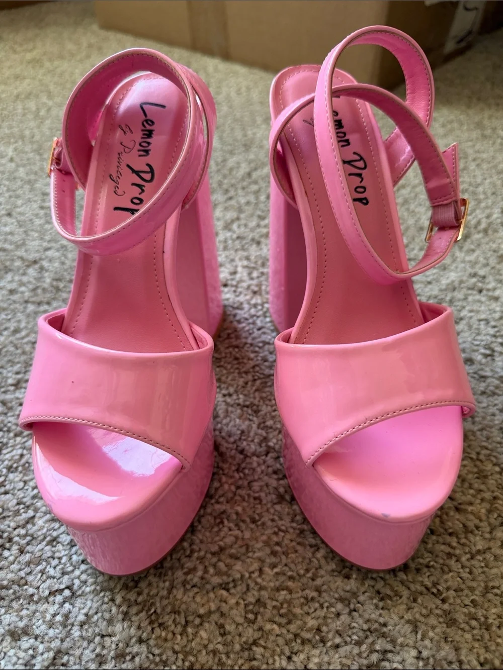 Lemon Drop Pink Platform Block Heel Sandals with Ankle Strap